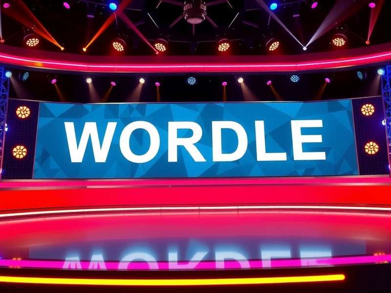 Wordle UK game show set with colorful letter boards and host