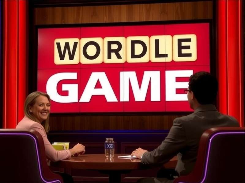 Wordle Game Show on TV — colorful letter tiles and stage lights representing the television adaptation of the popular word puzzle.